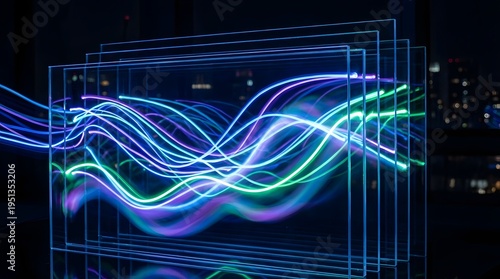 Futuristic abstract light streams in vibrant blue purple and green colors flowing through transparent panels with a bokeh city lights background