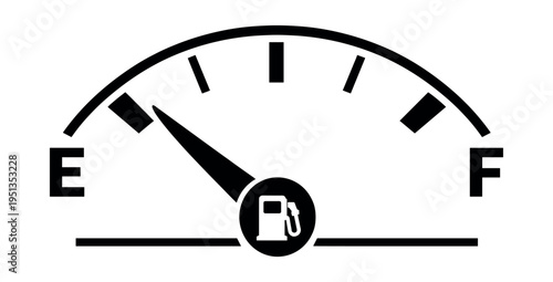 Automotive dashboard fuel gauge icon with a needle pointing to empty (E), indicating low gas and the need for refueling