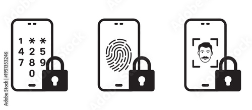 Mobile phone security methods icons, password, fingerprint, facial recognition, digital safety, device protection, cybersecurity vector illustration
