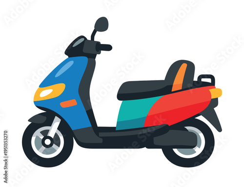 Blue and red motor scooter displaying flat design style, representing ride sharing, speedy delivery, and city travel