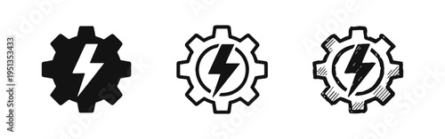 Power gear with lightning bolt icon set. Electrical engineering symbol. Energy mechanism illustration.
