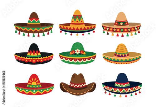 Colorful set of traditional Mexican sombreros and a cowboy hat, representing cultural celebration, fiesta, and festive attire