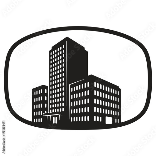 Cityscape illustration with tall buildings inside rounded rectangle shape on isolated background