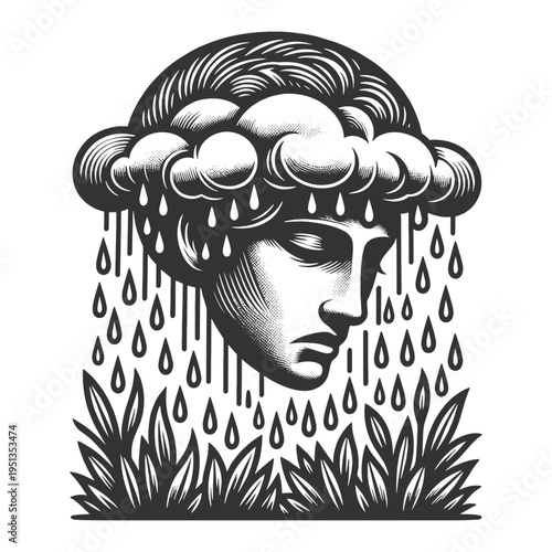 serene face with cloud-like hair raining drops, nature, emotions, and environmental connection sketch engraving generative ai fictional character vector illustration. Scratch board. Black and white.