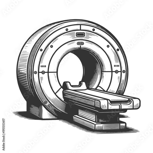 MRI scanner with patient table, medical diagnostics, healthcare technology, and hospital imaging equipment sketch engraving generative ai vector illustration. Scratch board imitation. Black and white.