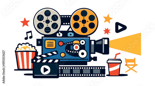 Illustrating movie making and media industry symbols with a film camera, popcorn, drink, clapper and strip