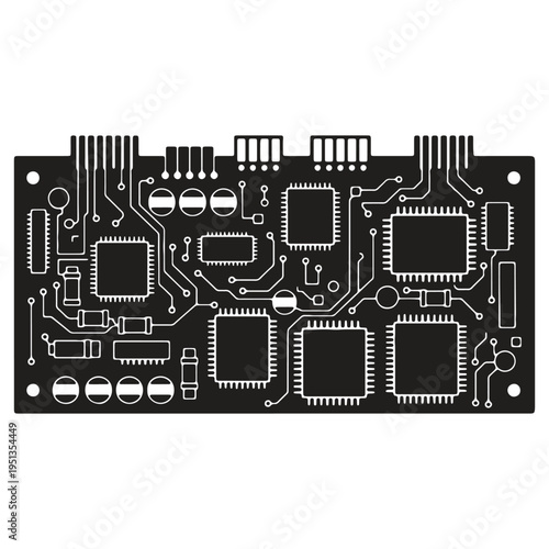 Electronic circuit board with microchips and wiring components isolated on transparent background for technology and computer hardware concepts