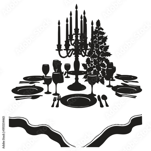 Elegant dinner table setting with candelabra and holly decoration isolated on transparent background for festive holiday celebration