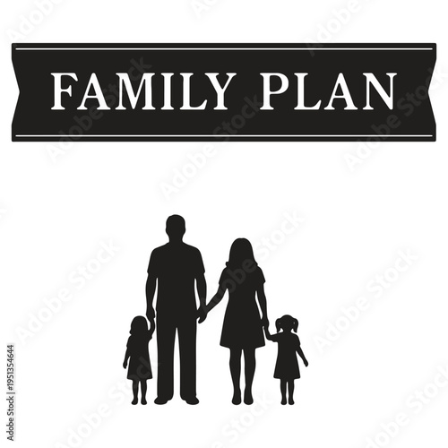 Family plan illustration with silhouette of parents and two young daughters holding hands together in a row on isolated background