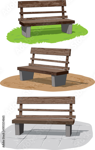 Rustic benches with wooden seats, supported by sturdy stone legs. The legs are flat, block-like structures, giving the benches a solid and minimalist appearance, blending nature with durability.