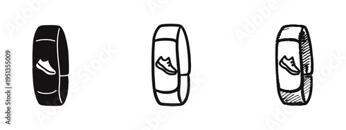 Fitness tracker icon set with running shoe symbol. Activity wristband, health monitoring, sport gadget, and workout technology in various styles.