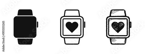 Smartwatch heart rate icon set. Health monitoring, fitness technology, wearable device, and pulse tracker symbol in different styles.