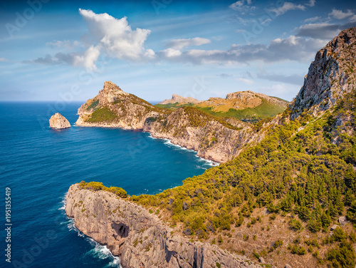 Wonderful summer view of popular tourist attraction - Es Colomer. Breathtaking morning seascpae of Balearic Sea. Spectacular landscape of Mallorca Island, Balearic Islands, Spain, Europe.