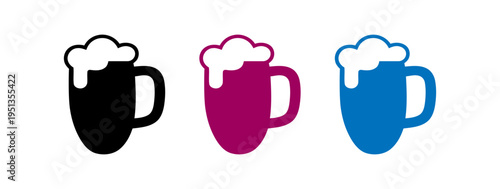 Three stylized mugs with foam depicting different beverage colors