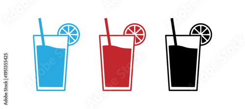 Three glasses of different colored drinks with straws and limes