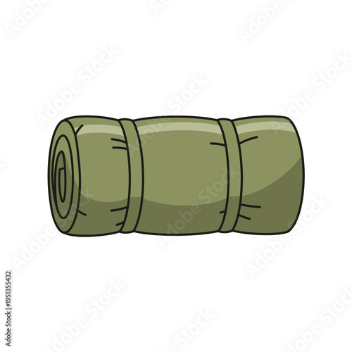 Cartoon illustration of a rolled green sleeping bag