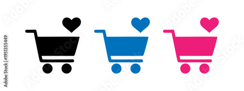 Shopping cart icons with heart symbols in different colors