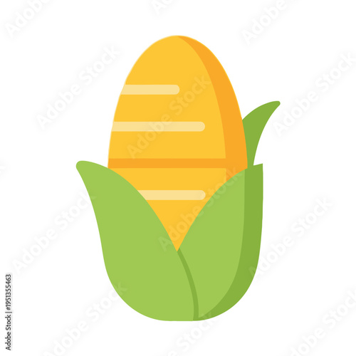 Cartoon illustration of an ear of corn with green leaves