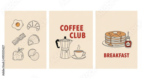 Minimalist Breakfast and Coffee Vector Illustration Set with Hand-Drawn Food Icons, Moka Pot, and Pancake Stack in Coquette Aesthetic