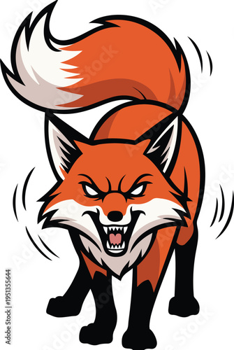 Angry snarling fox mascot with bushy tail in flat vector style