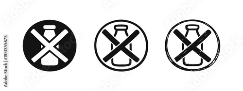 No Dairy Milk Bottle Icons. Lactose-Free, Dairy-Free, or Vegan Milk Restriction Symbol Set.