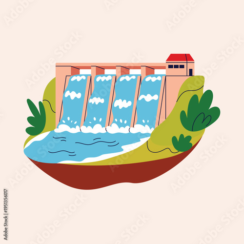 Vibrant illustration of a hydroelectric dam, showcasing sustainable power generation through controlled water flow. A clean energy source for modern infrastructure and environmental sustainability
