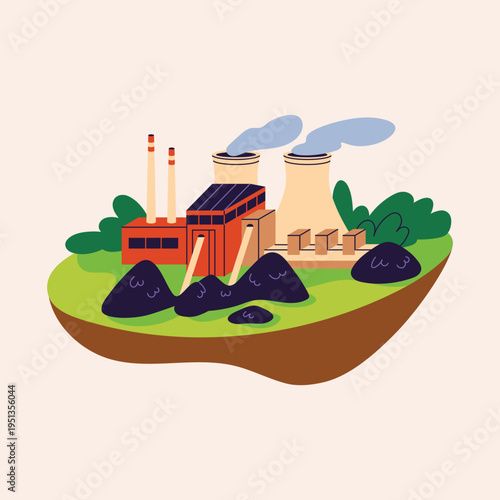 Industrial coal-fired power plant generating electricity, featuring a factory with tall chimneys and steam towers, surrounded by coal piles and green landscape on a floating island