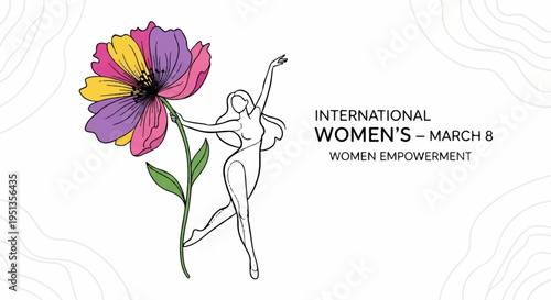 International women's day march 8 illustration with woman and colorful flower symbolizing women's empowerment and equality