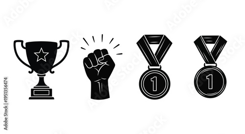 Awards and achievements represented with black icons in silhouette