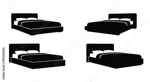 Four black bed designs displayed in a minimalist silhouette