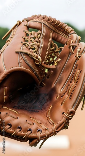 Close-up of a well-used brown leather baseball glove with intricate gold detailing, ready for a game.