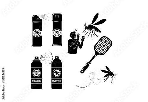 Mosquitoes and Repellent Bottles Silhouette Set for Bug Protection Concept


