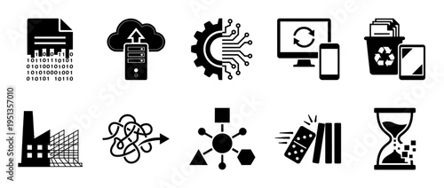 Data management and digital transformation solid icon set. Includes symbols for cloud server upload, binary document shredding, industrial automation, and network integration.
