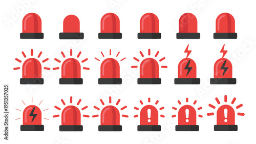 Siren and emergency light icons, warning signals, flashing alarm, police car, fire truck, ambulance, rescue light, alert device, safety symbols, vector illustrations for websites, apps, and safety