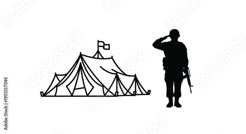 Soldier salutes near a military tent a striking black silhouette