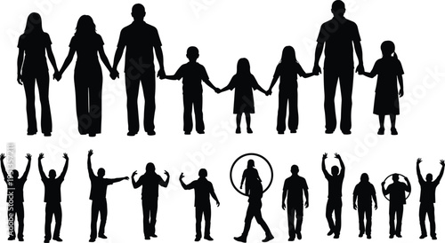Silhouette people in unity and expressive poses, family group holding hands with children, individual figures showing gestures, movement, and artistic design