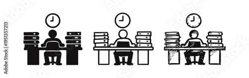 Overtime Work and Productivity Icon Set with Person at Desk and Files