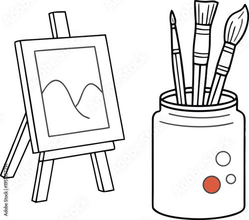 Art easel and paintbrushes in a jar icon illustration featuring a canvas with a mountain sketch for creative studio and hobby themes.