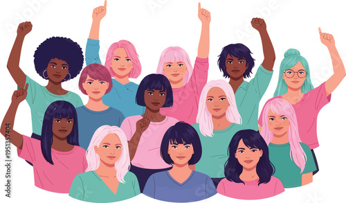 Group of diverse multi-ethnic women with raised fists for empowerment and unity vector illustration