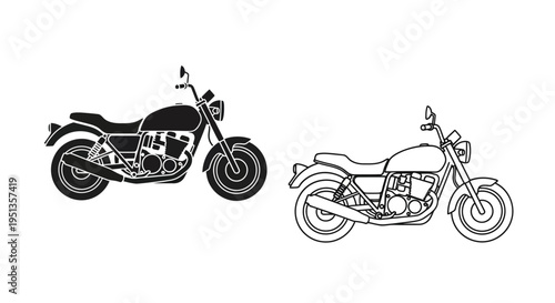 Two vintage motorcycles depicted in a striking black silhouette
