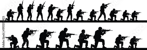 Soldier silhouettes in combat stances vector illustration, military figures aiming rifles, tactical readiness poses, defense formation, warfare concept, and artistic design