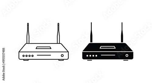 Two wireless routers depicted in contrasting line art a black silhouette