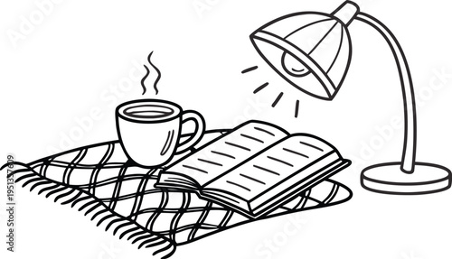 Minimalist black and white line art illustration of an open book with a steaming coffee cup and desk lamp on a blanket for cozy reading.