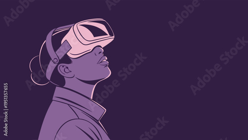 VR headset illustration featuring a woman experiencing virtual reality technology in a minimalist flat vector style against a dark purple background with ample copy space.