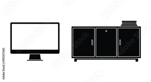 Minimalist depiction of a computer and cabinet in black silhouette
