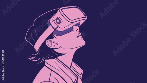 Virtual reality headset worn by a young person looking upward in a minimalist vector illustration style with a purple and pink duotone color palette.