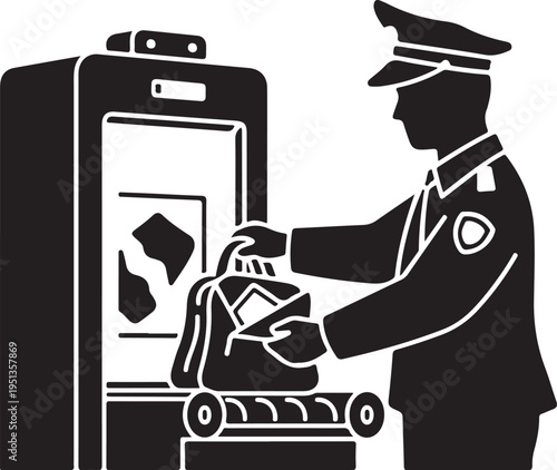Airport security officer scanning luggage at checkpoint gate