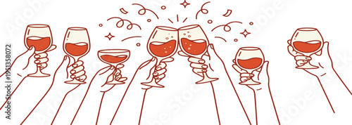 Vector simple minimal linear style illustration with sketch hands holding wine glasses, celebration and party vibe, invitation design element, banner, template