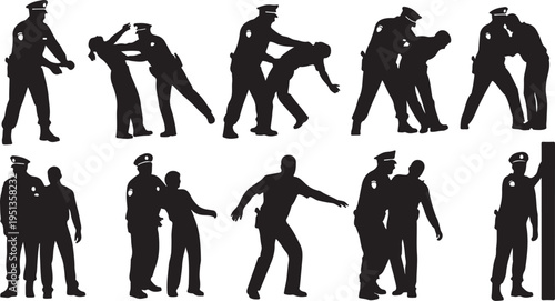 Police officers in various actions and poses silhouettes set