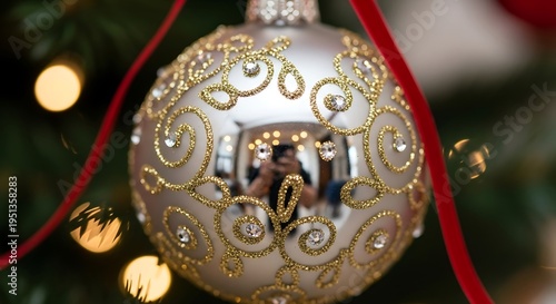 Close-up of a beautiful gold and silver Christmas ornament hanging on a festive tree.